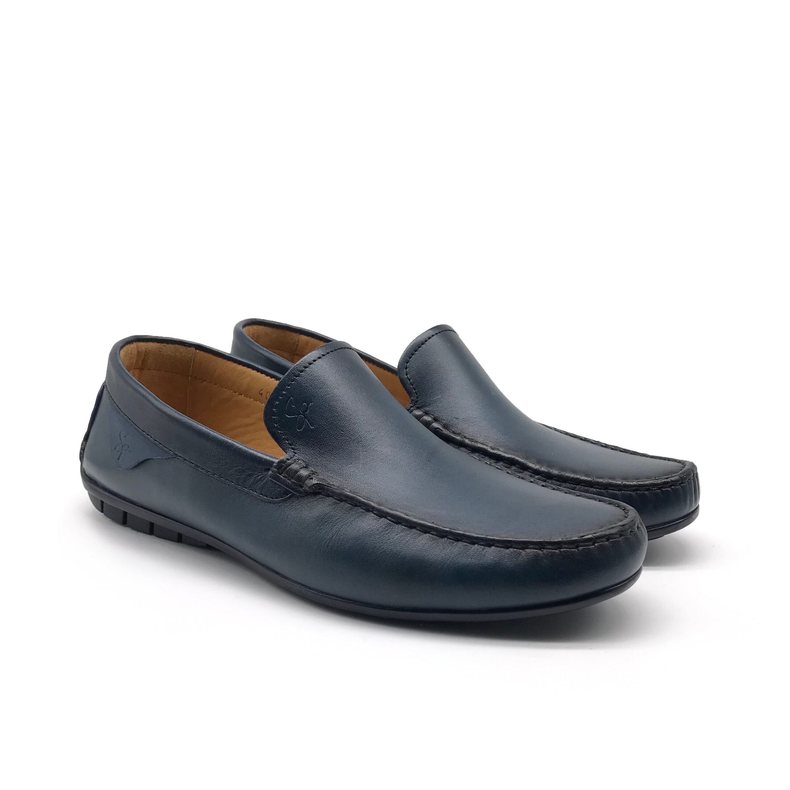 01047 Mocassin en Cuir Bleu - Shopilo Shoes