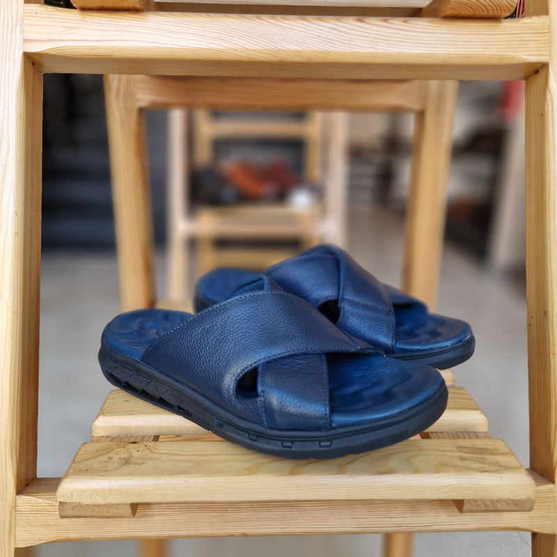 sandale bleu en cuir , medicale insole , chaussure maroc , settat