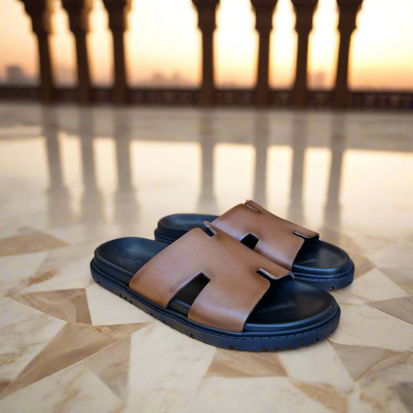 Sandales pour homme en cuir taba  métallique élégante - Chaussures confortables été 2025