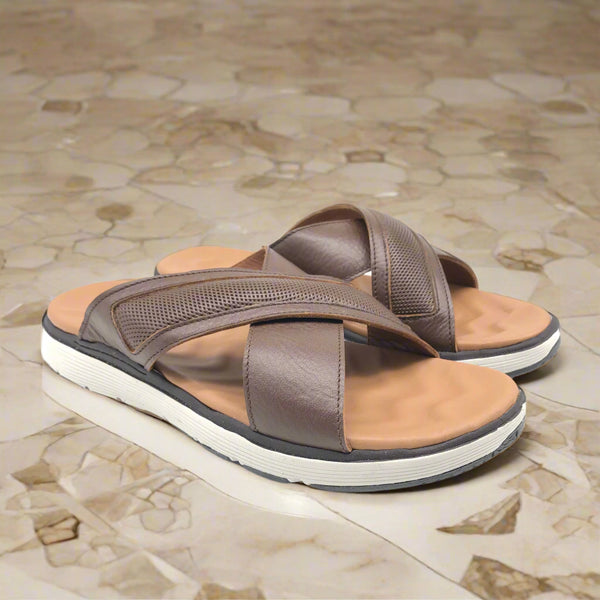 Sandales pour homme en cuir taba métallique élégante - Chaussures confortables été 2025